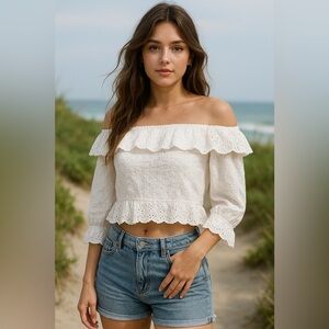 Zara Eyelet Sheer Ivory Crop Top Blouse Boho Peasent Hippie Coastal Cowgirl S